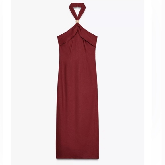 Zara NWT linen blend halter midi dress red 3379/723 - Picture 3 of 12